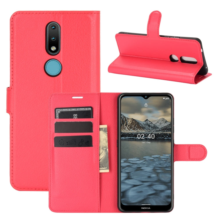 Red leather-style flip wallet case with card slots and magnetic stand for Nokia 2.4