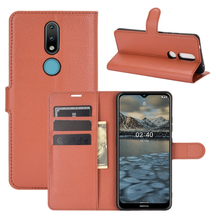 Brown leather-style flip wallet case with card slots and magnetic stand for Nokia 2.4
