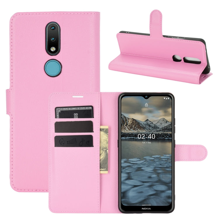 Pink leather-style flip wallet case with card slots and magnetic stand for Nokia 2.4