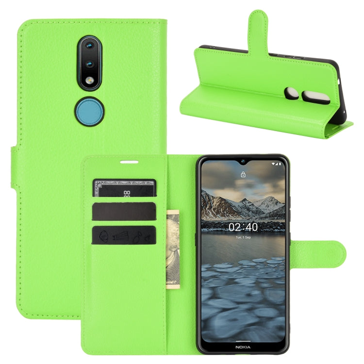 Flip wallet phone case for Nokia 2.4 with card slots, green litchi texture