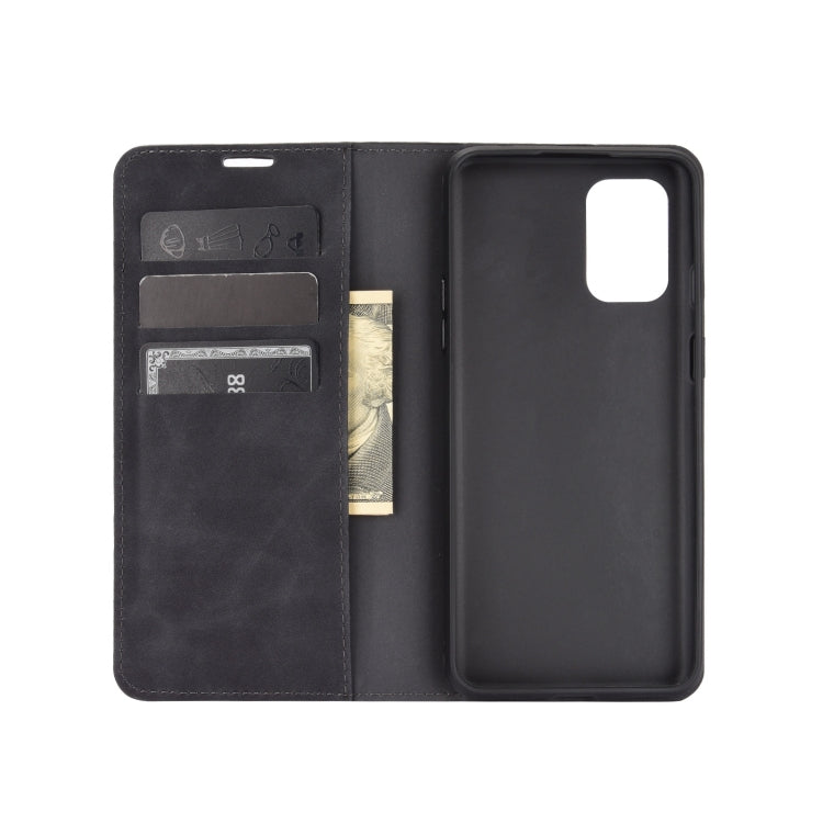 Black leather wallet phone case open, showing card slots and phone back cover