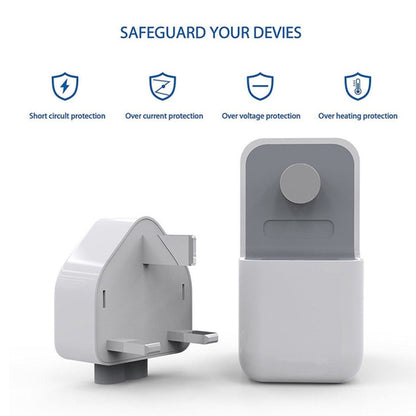 Compact white charger with UK plug and visible side USB-C charging port