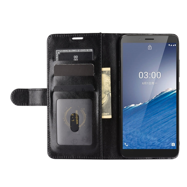 Black folio flip phone case open with phone screen visible and card slots