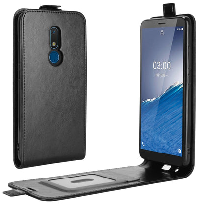 Black leather vertical flip phone case with camera cutout and front cover