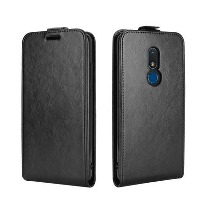 Black leather flip phone case, front and back view with camera cutout