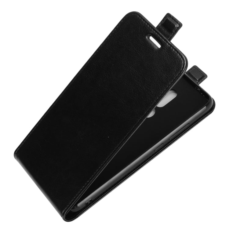 Black leather flip phone case with stand-ready flap and top latch