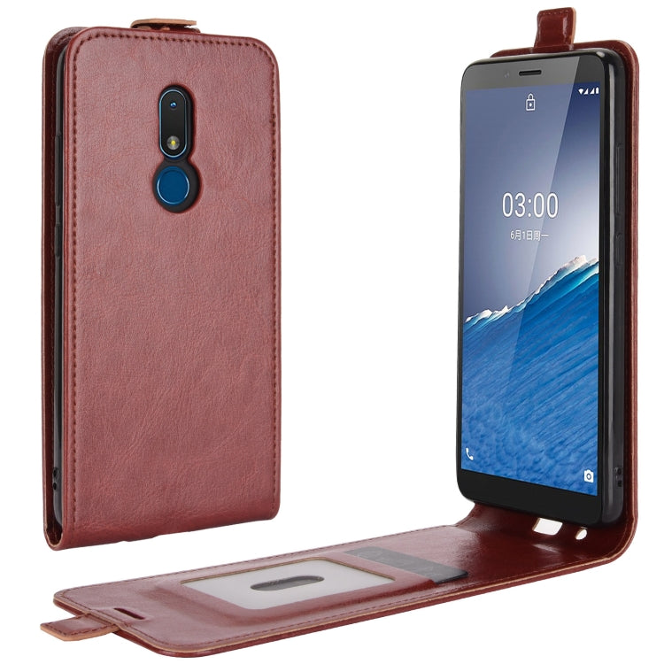 Brown leather flip phone case with stand flap and camera cutout