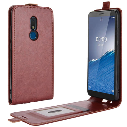 Brown leather flip phone case with stand flap and camera cutout