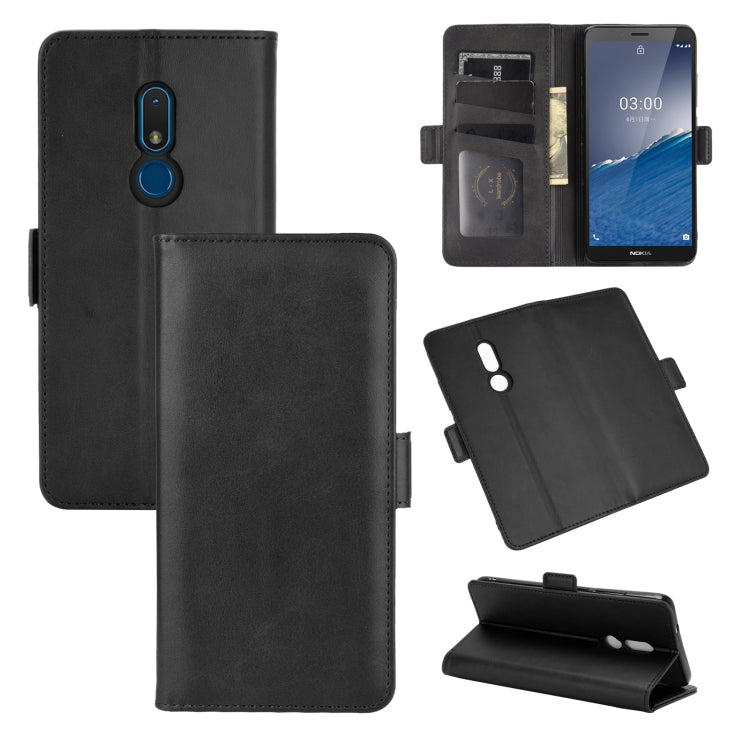 Black leather flip phone case with magnetic buckle, card slots, and wallet cover
