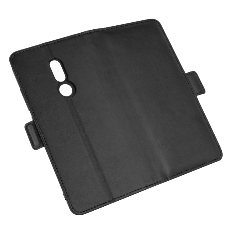 Black leather flip phone cover with camera cutout and secured back flap