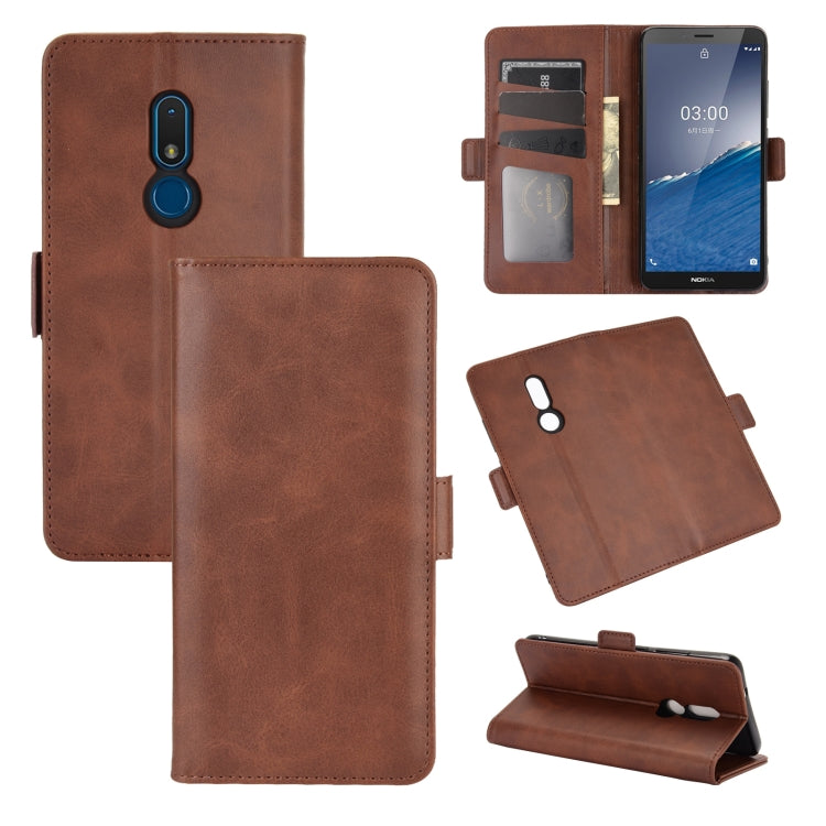 Brown leather flip phone case with magnetic buckle, card slots, and wallet cover