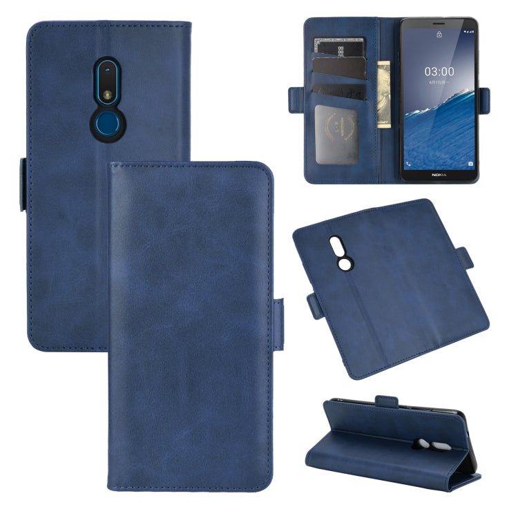 Dark blue leather flip phone case with magnetic buckle, card slots, and wallet cover