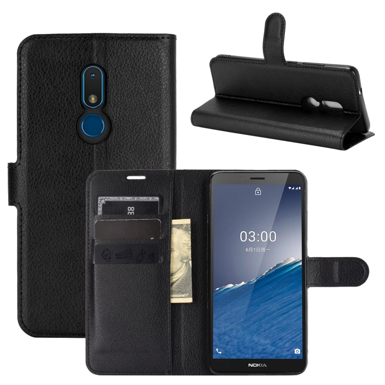 Black leather flip phone case with litchi texture, card slots, and stand cover