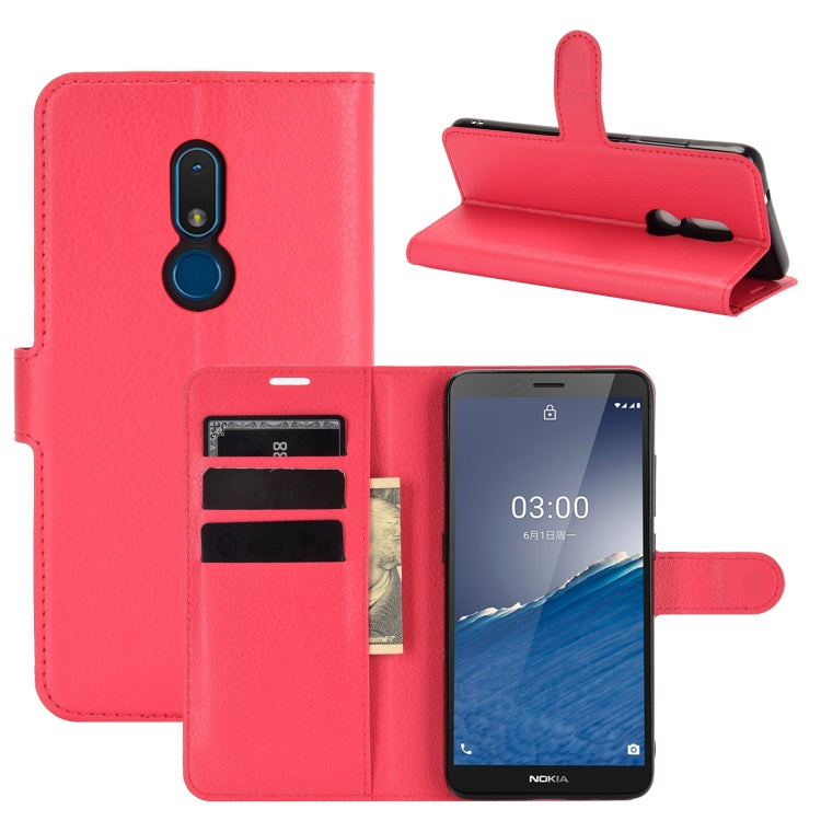 Red leather flip phone case with litchi texture, card slots, and stand cover