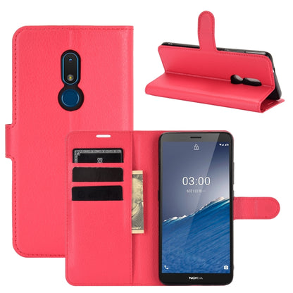 Red leather flip phone case with litchi texture, card slots, and stand cover