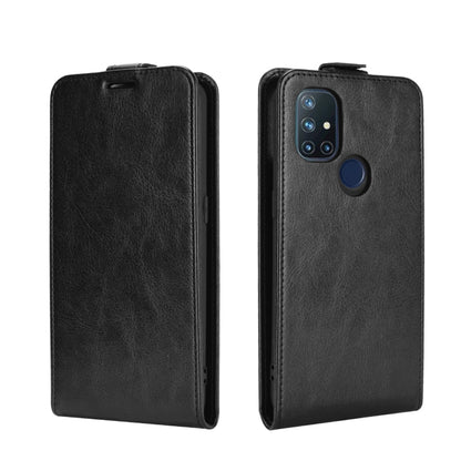 Black leather vertical flip phone case, front view and back view with camera cutout