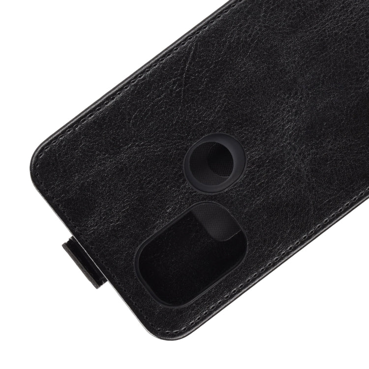 Black leather flip phone case with circular finger slot and molded card holder