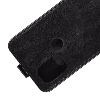 Black leather flip phone case with circular finger slot and molded card holder