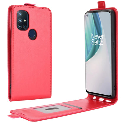 Red leather vertical flip phone case with camera cutout and side button cover