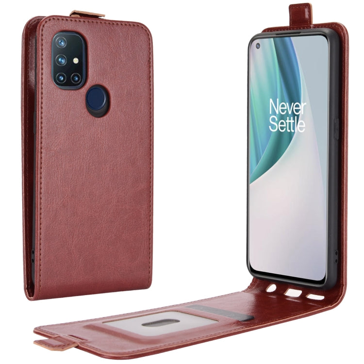 Brown leather vertical flip phone case with camera cutout and side button cover