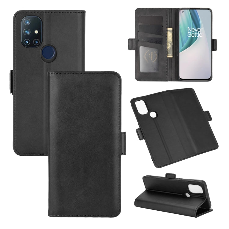 Black flip leather phone case with magnetic buckle, card slots, and stand