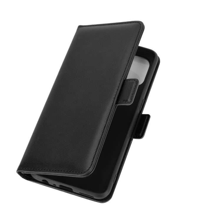 Black folio-style leather phone case folded back for side viewing