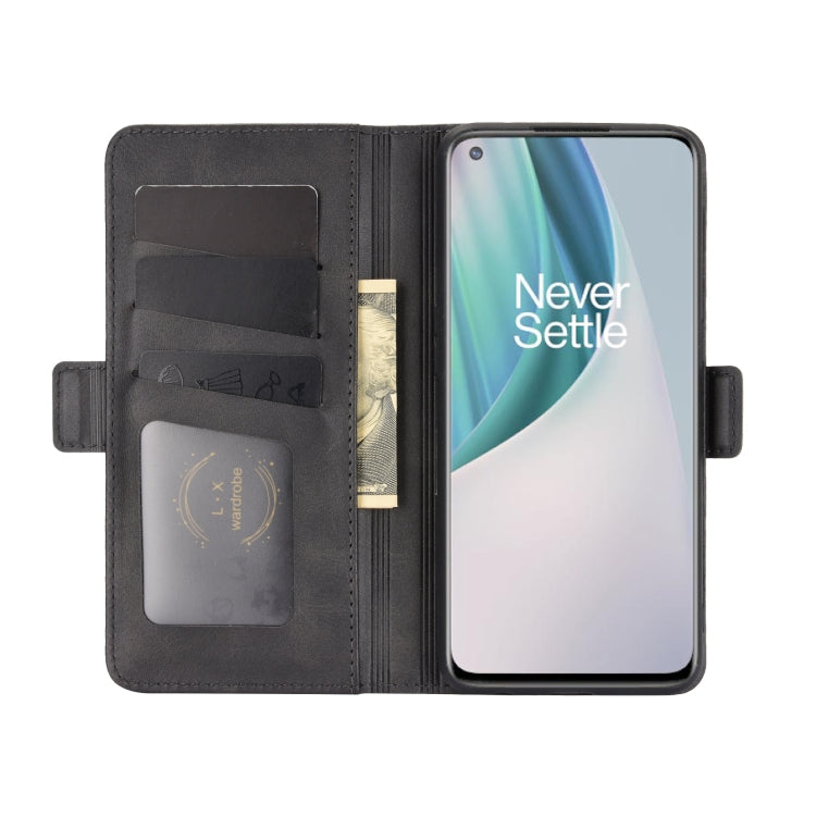 Black leather flip phone case with card slots and front cover open