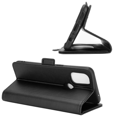 Black leather folio phone case with magnetic strap, shown in kickstand angle