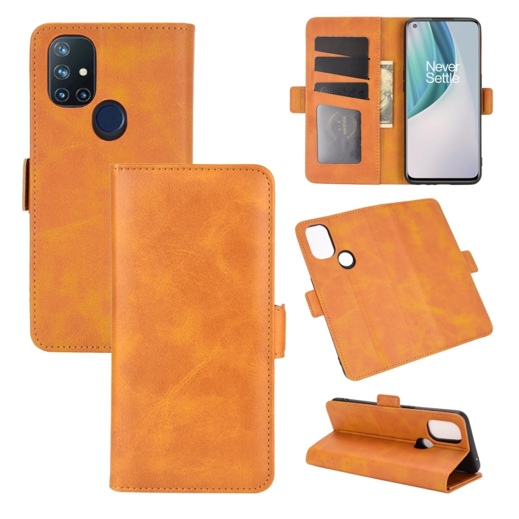 Orange flip leather phone case with magnetic buckle, card slots, and stand