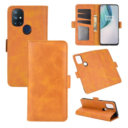 Orange flip leather phone case with magnetic buckle, card slots, and stand