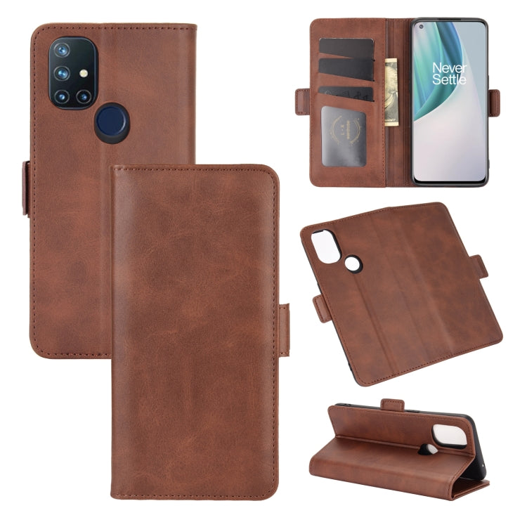 Brown flip leather phone case with magnetic buckle, card slots, and stand