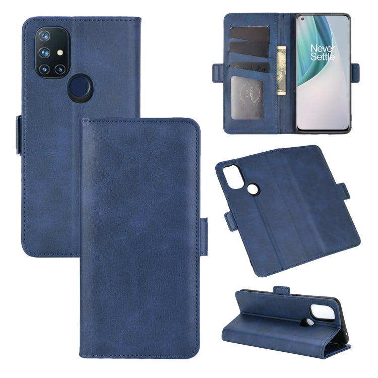 Dark blue flip leather phone case with magnetic buckle, card slots, and stand