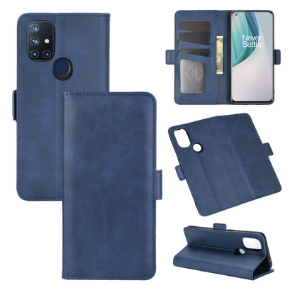 Dark blue flip leather phone case with magnetic buckle, card slots, and stand