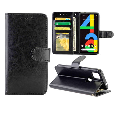 Black flip wallet phone case with card slots and stand, faux leather texture