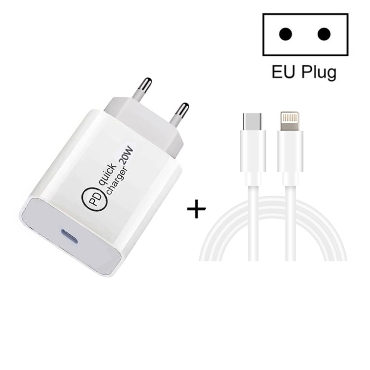 White PD travel charger with EU plug and USB-C to 8-pin charging cable set