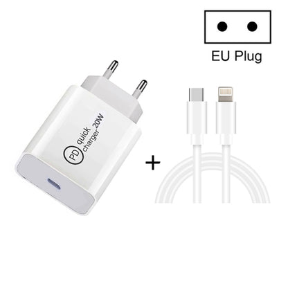 White PD travel charger with EU plug and USB-C to 8-pin charging cable set