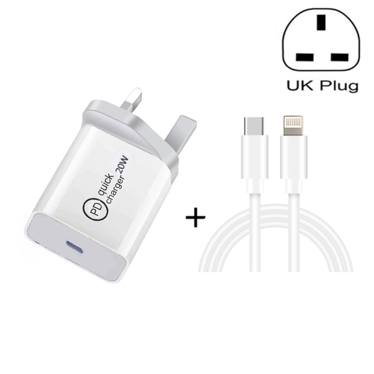 White PD travel charger with UK plug and USB-C to 8-pin charging cable set