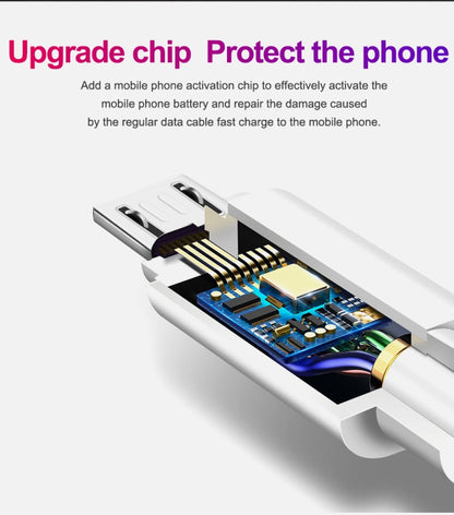 USB-A to Micro-USB charging cable with exposed internal chip section near connector.