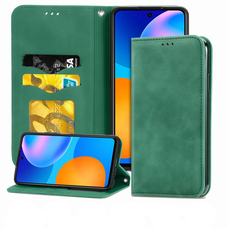 Green leather wallet flip case with magnetic closure and card slots for Huawei P smart 2021