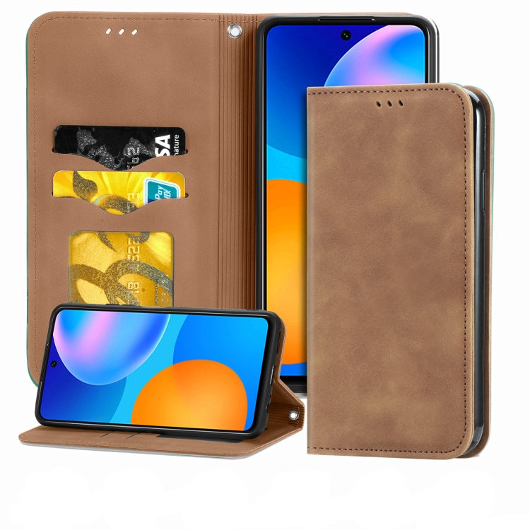 Brown leather wallet flip case with magnetic closure and card slots for Huawei P smart 2021