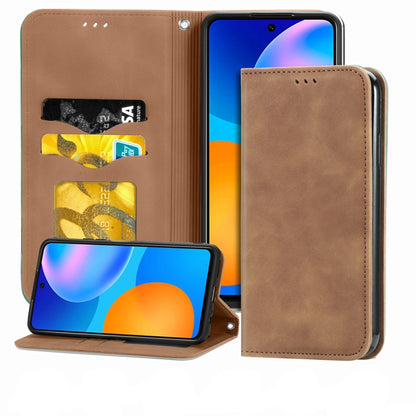 Brown leather wallet flip case with magnetic closure and card slots for Huawei P smart 2021