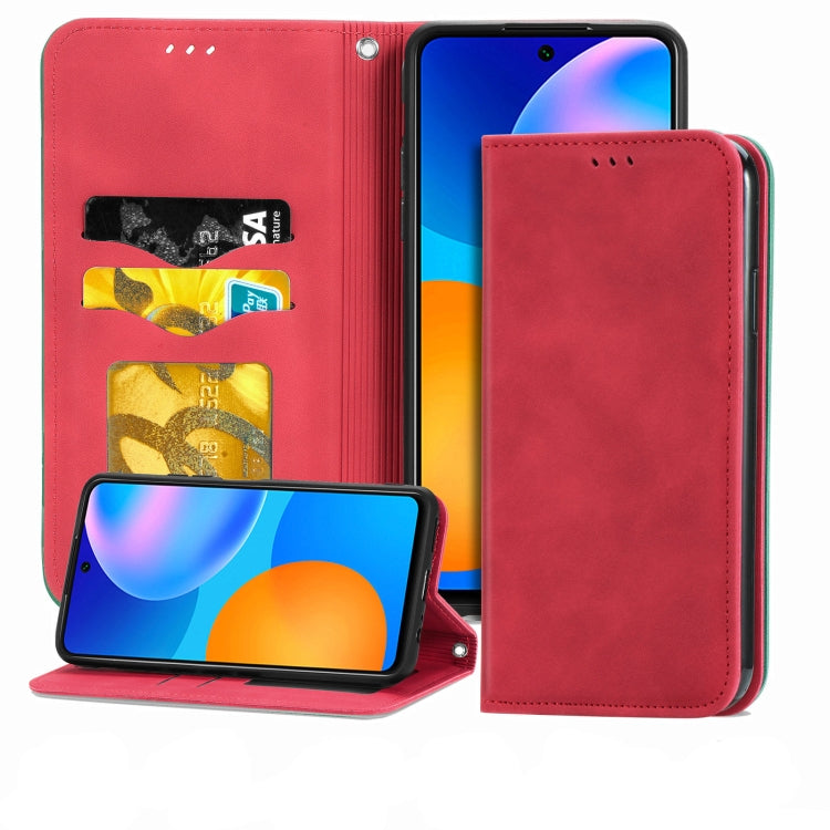 Red leather wallet flip case with magnetic closure and card slots for Huawei P smart 2021