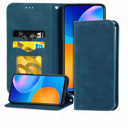 Blue leather wallet flip case with magnetic closure and card slots for Huawei P smart 2021
