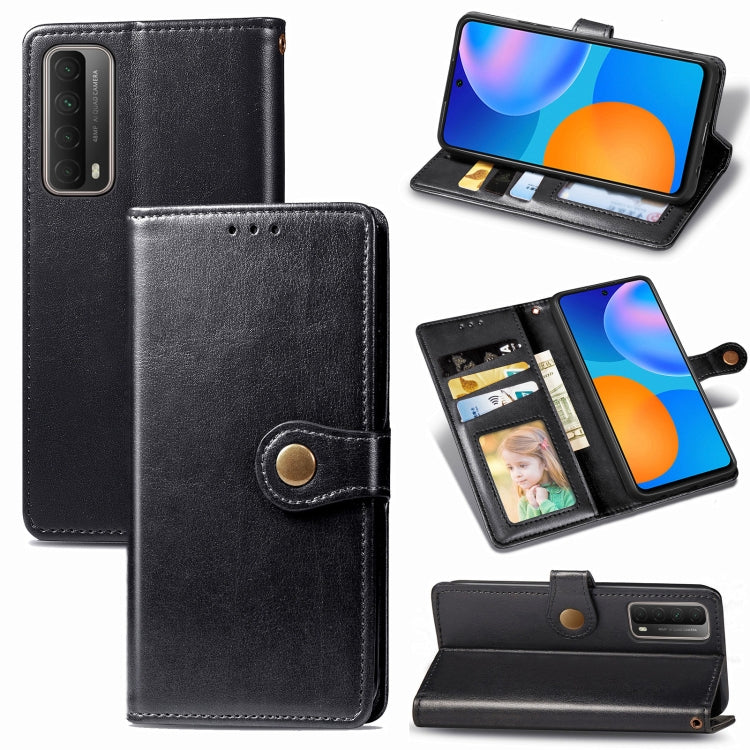 Black leather phone wallet case with card slots, photo window, and kickstand