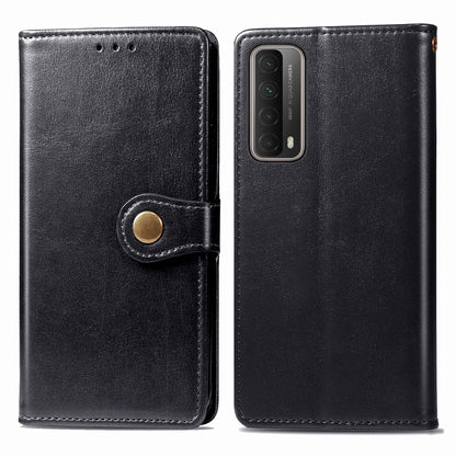 Black leather phone wallet case with snap strap and cutouts for camera access