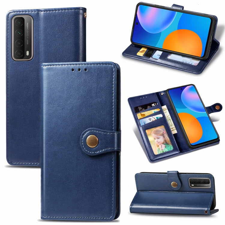 Blue leather phone wallet case with card slots, photo window, and fold-out stand