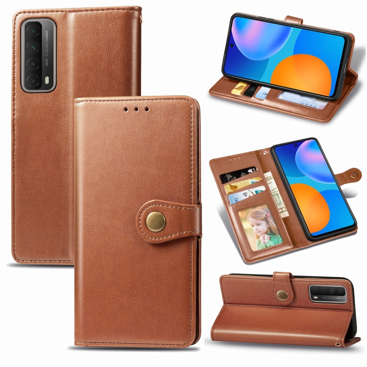 Brown leather phone wallet case with card slots, photo window, and fold-out stand
