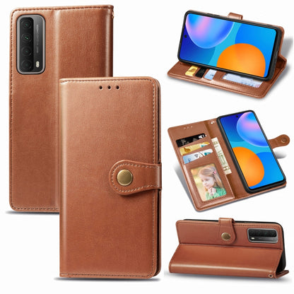 Brown leather phone wallet case with card slots, photo window, and fold-out stand