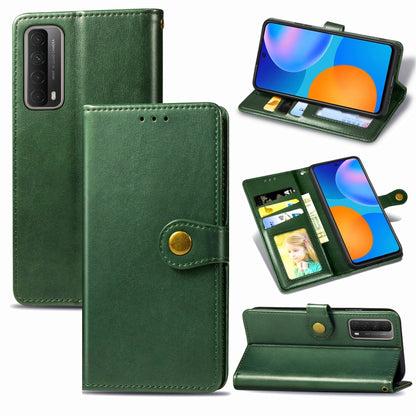 Green leather phone wallet case with card slots, photo window, and fold-out stand