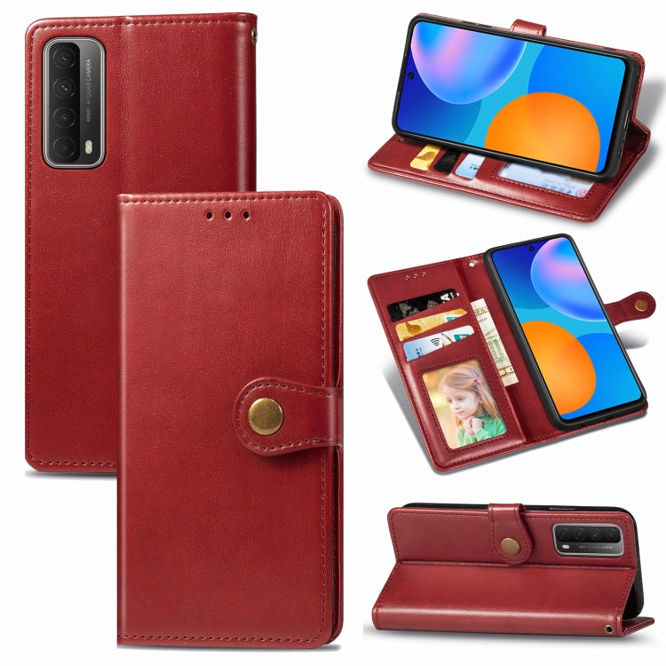 Red leather phone wallet case with card slots, photo window, and fold-out stand
